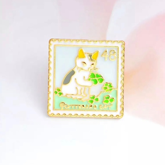 Jewelry - 🍀{3 for $9}  Lucky Clover Cat Stamp Enamel Pin